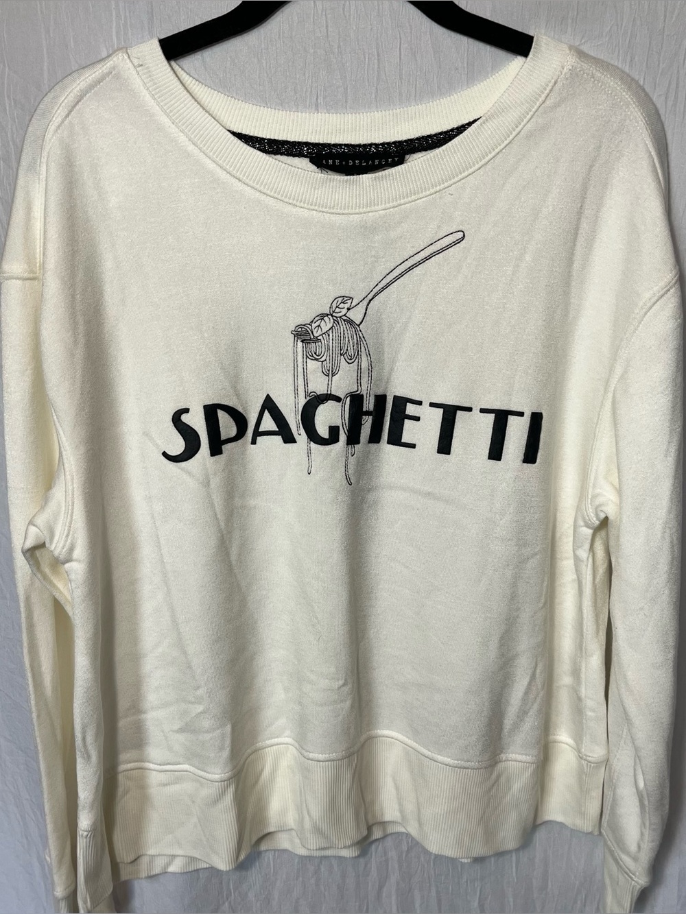 Jane Delancey Women’s S Ivory sweatshirt Spaghetti Embroidered puffy lettering